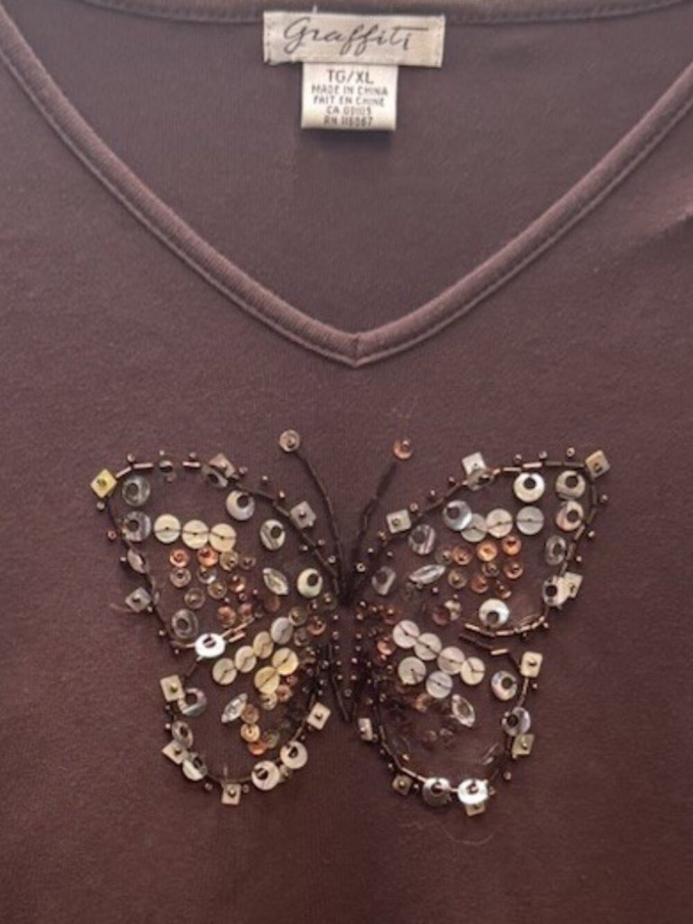 Graffiti Brand Women’s Top XL Short Sleeved Butterfly Sequined Brown